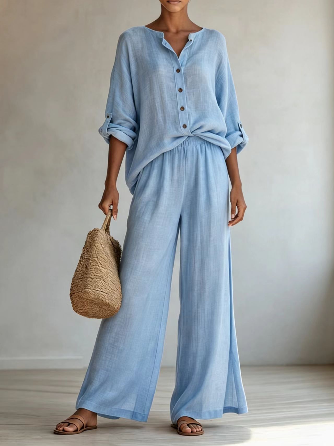 Women’s Linen 2 Piece Set Stand Collar Roll Tab Sleeve Shirt Elastic Waist Wide Leg Pants Outfit