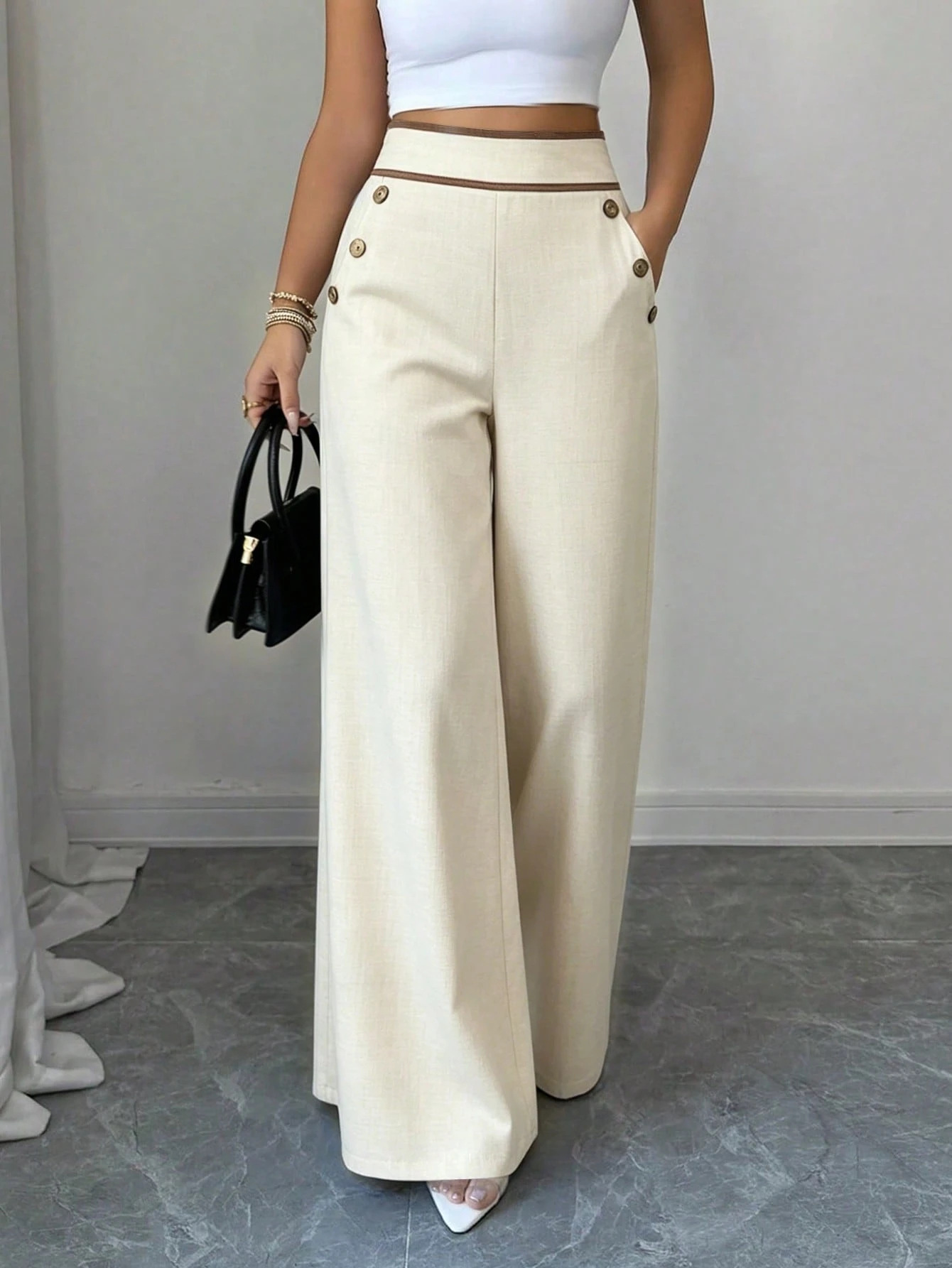 Women’s High Waist Wide Leg Pants Contrast Trim Button Decor Long Trousers