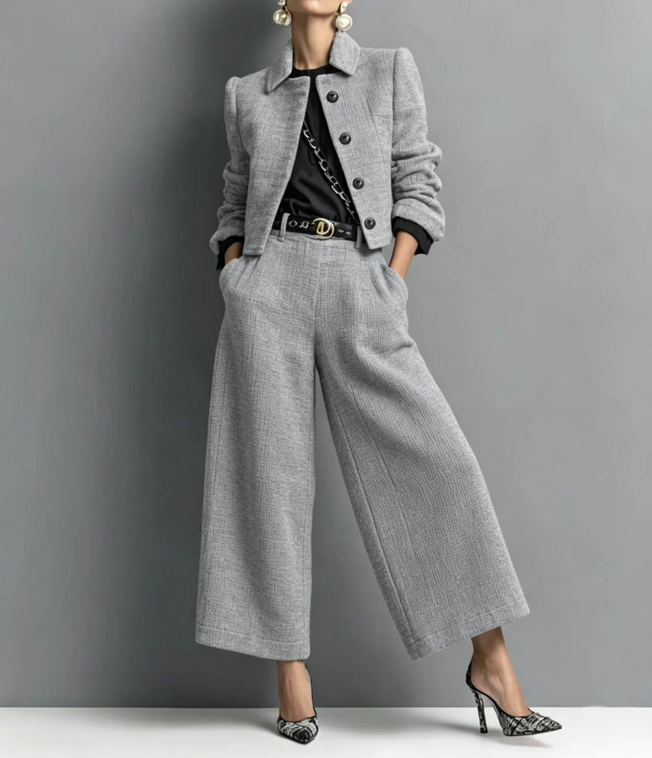 Collared slim-fit long-sleeved short jacket paired with wide-leg trousers