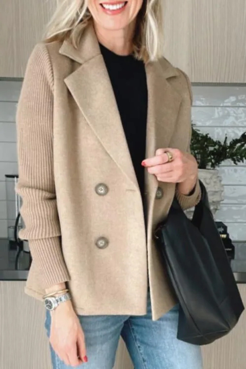 Women’s Lapel Blazer Knit Spliced Sleeve Double Breasted Wool Blend Short Coat