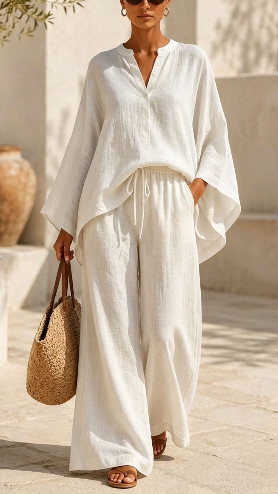 Linen Blend Batwing Sleeve Top & Drawstring Wide Leg Pants Set