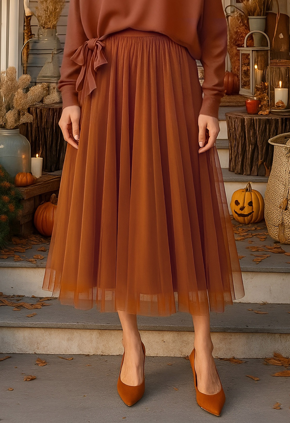 Women’s Halloween Pumpkin Tulle Midi Skirt Elastic Waist Swing A-Line Skirt
