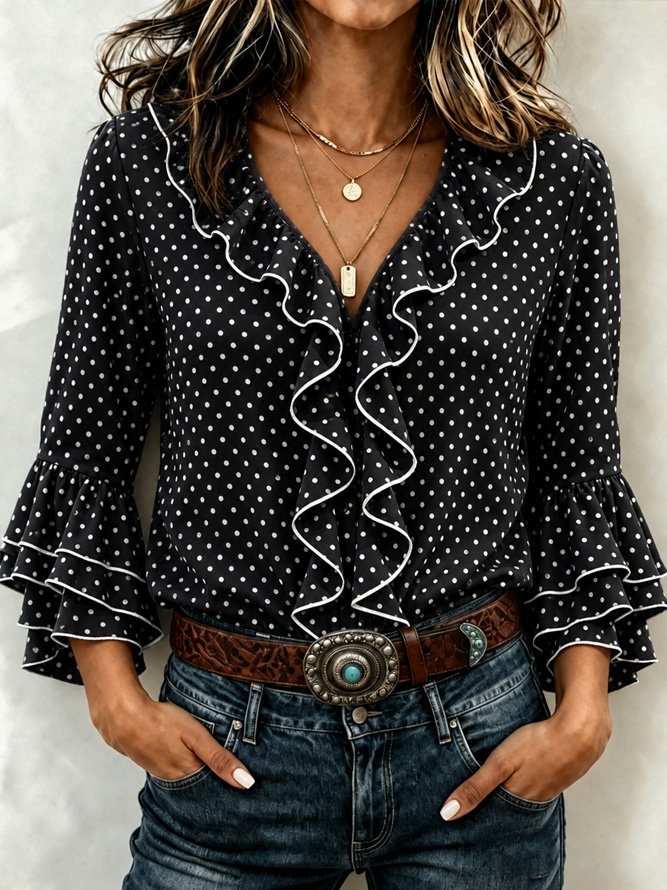 Women’s Polka Dot Ruffle V Neck Blouse Flare Sleeve Vintage Casual Top