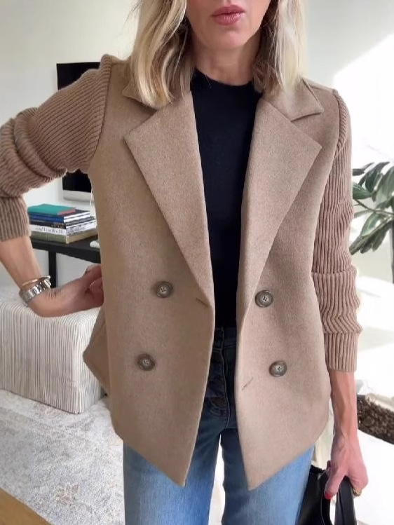 Women’s Lapel Blazer Knit Spliced Sleeve Double Breasted Wool Blend Short Coat