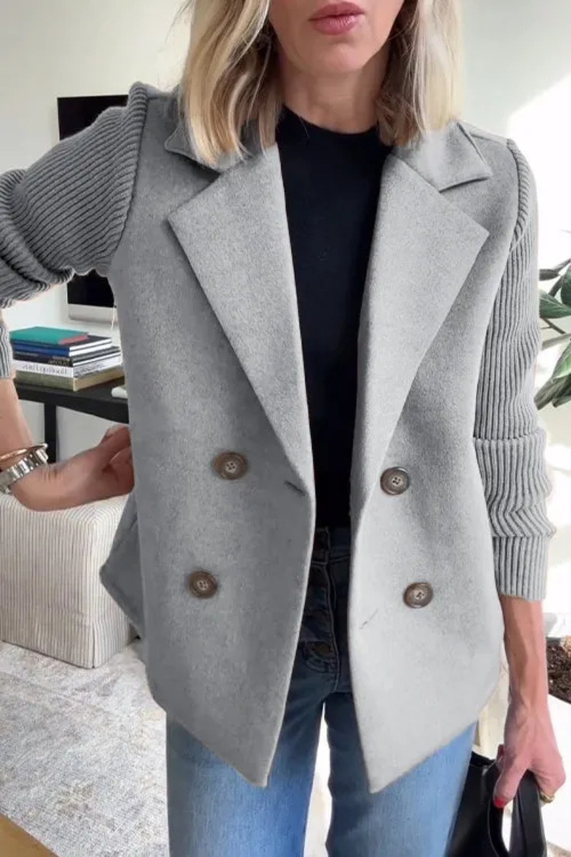 Women’s Lapel Blazer Knit Spliced Sleeve Double Breasted Wool Blend Short Coat