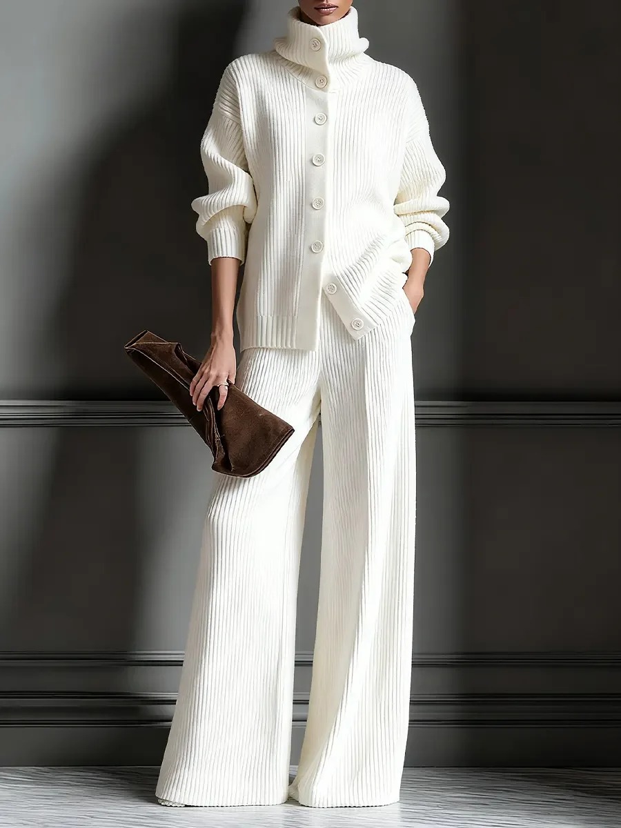 Turtleneck Knit Cardigan & Wide Leg Pants Set | Elegant Cozy Two Piece Outfit