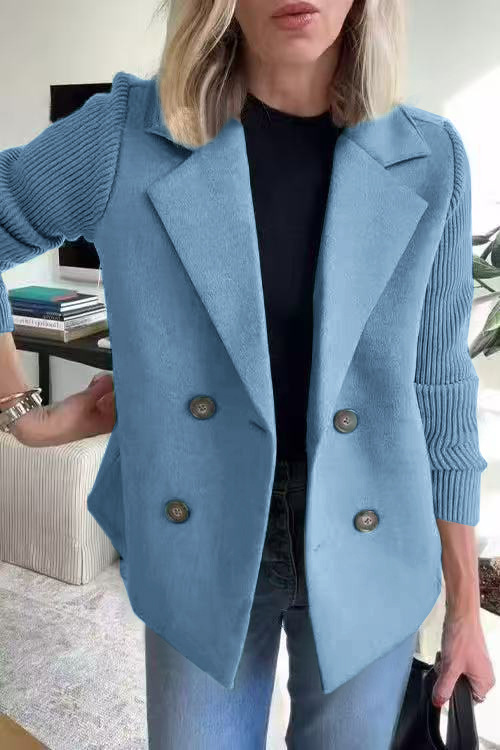 Women’s Lapel Blazer Knit Spliced Sleeve Double Breasted Wool Blend Short Coat