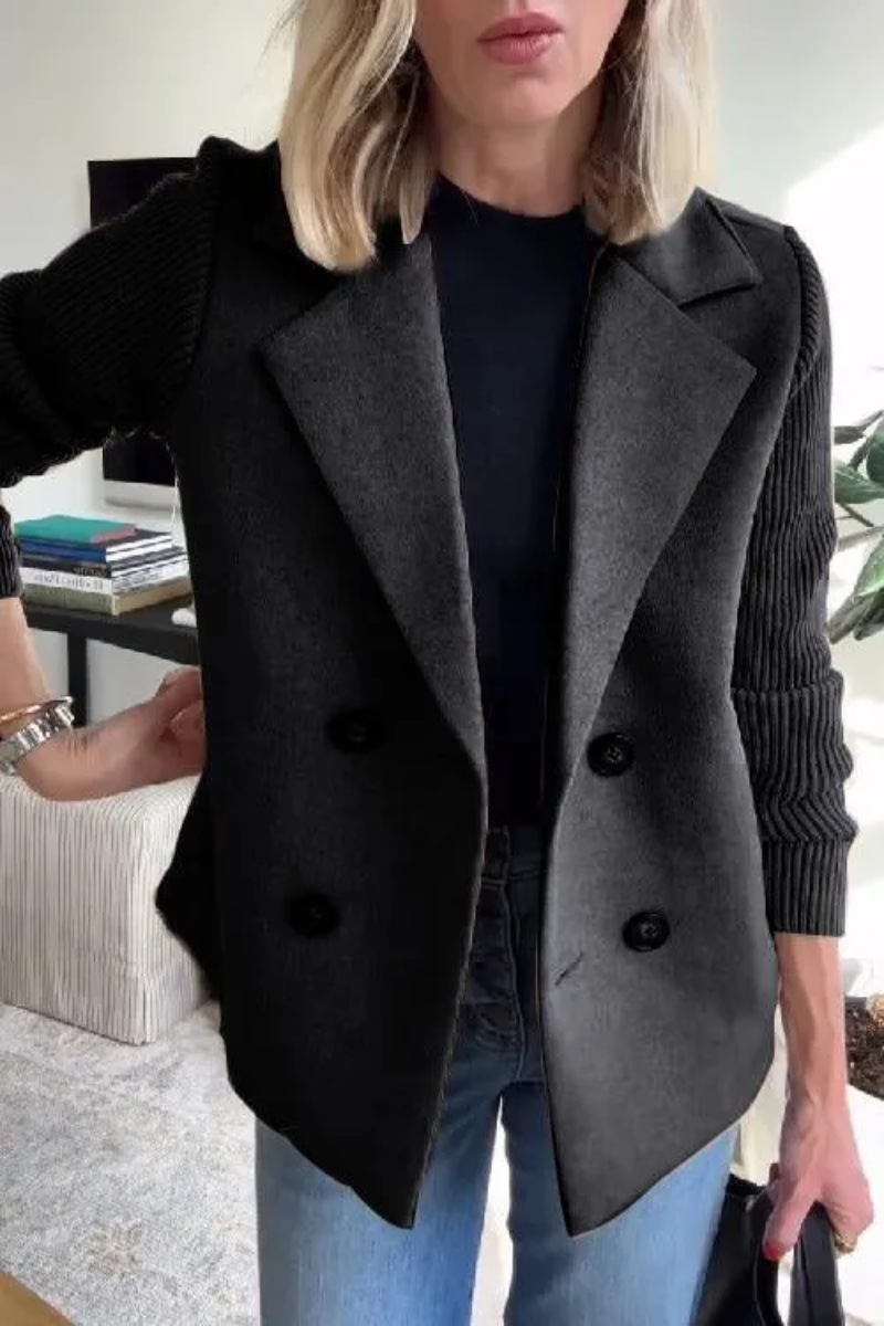 Women’s Lapel Blazer Knit Spliced Sleeve Double Breasted Wool Blend Short Coat