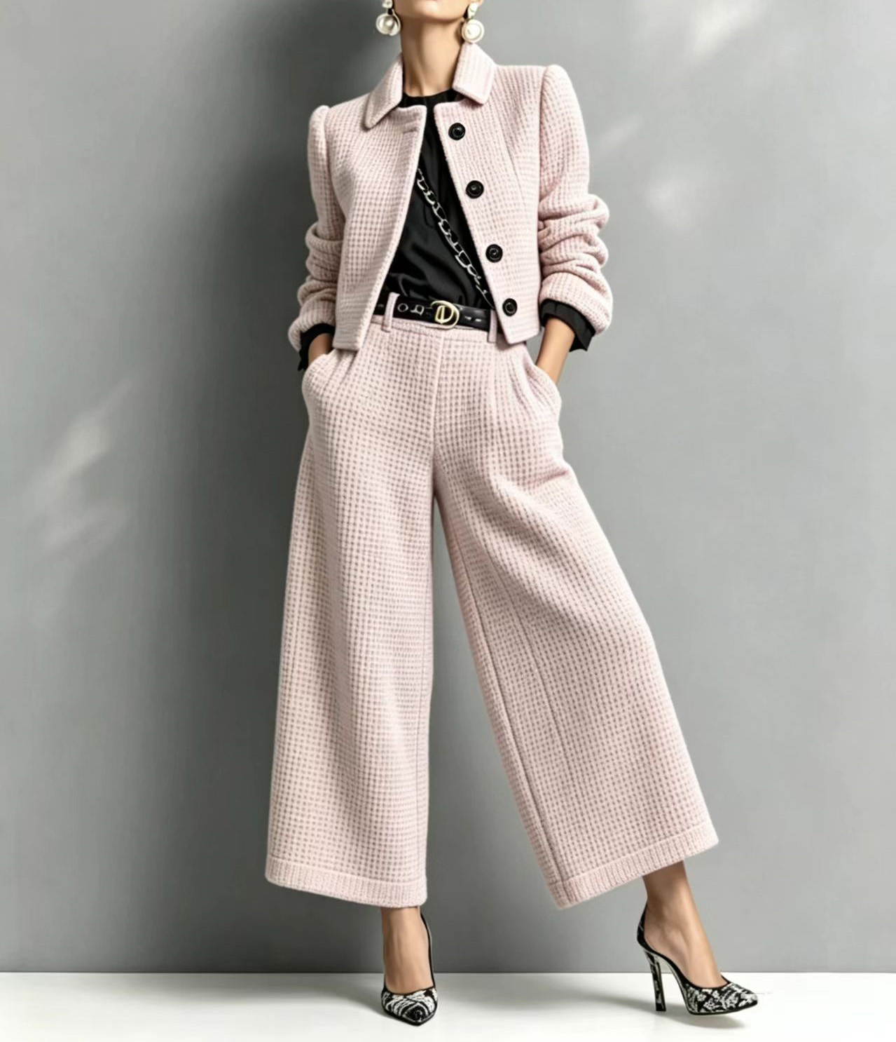 Collared slim-fit long-sleeved short jacket paired with wide-leg trousers