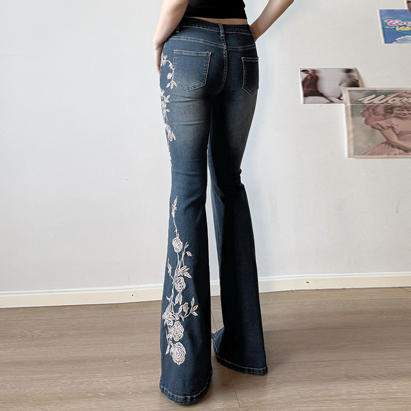 Women’s Flared Jeans, Mid-Rise Floral Embroidered Stretch Denim Pants