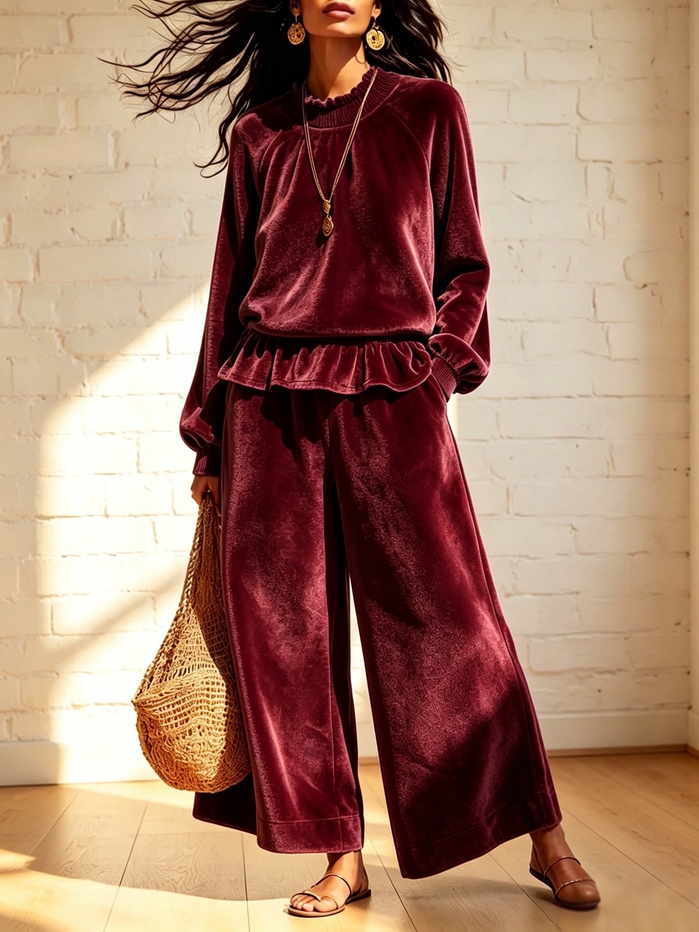 Women’s Velvet 2 Piece Outfit, Ruffle Hem Raglan Top & Wide Leg Pants Loungewear Set