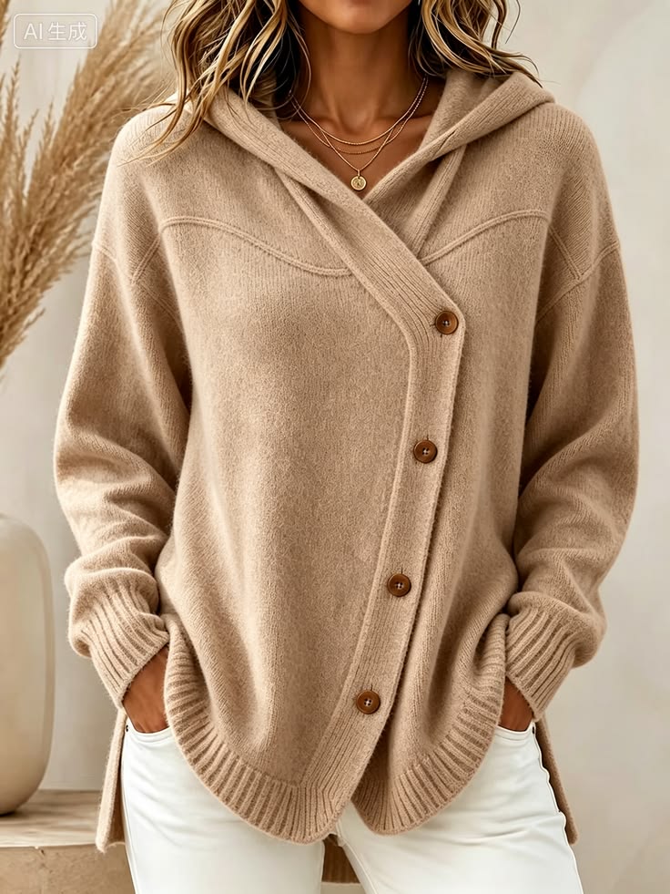 🧥 Women’s Hooded Asymmetric Button Cardigan Loose Knit Sweater Coat