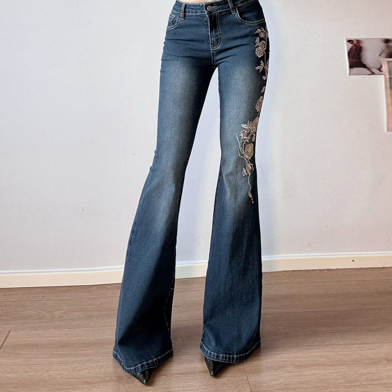 Women’s Flared Jeans, Mid-Rise Floral Embroidered Stretch Denim Pants