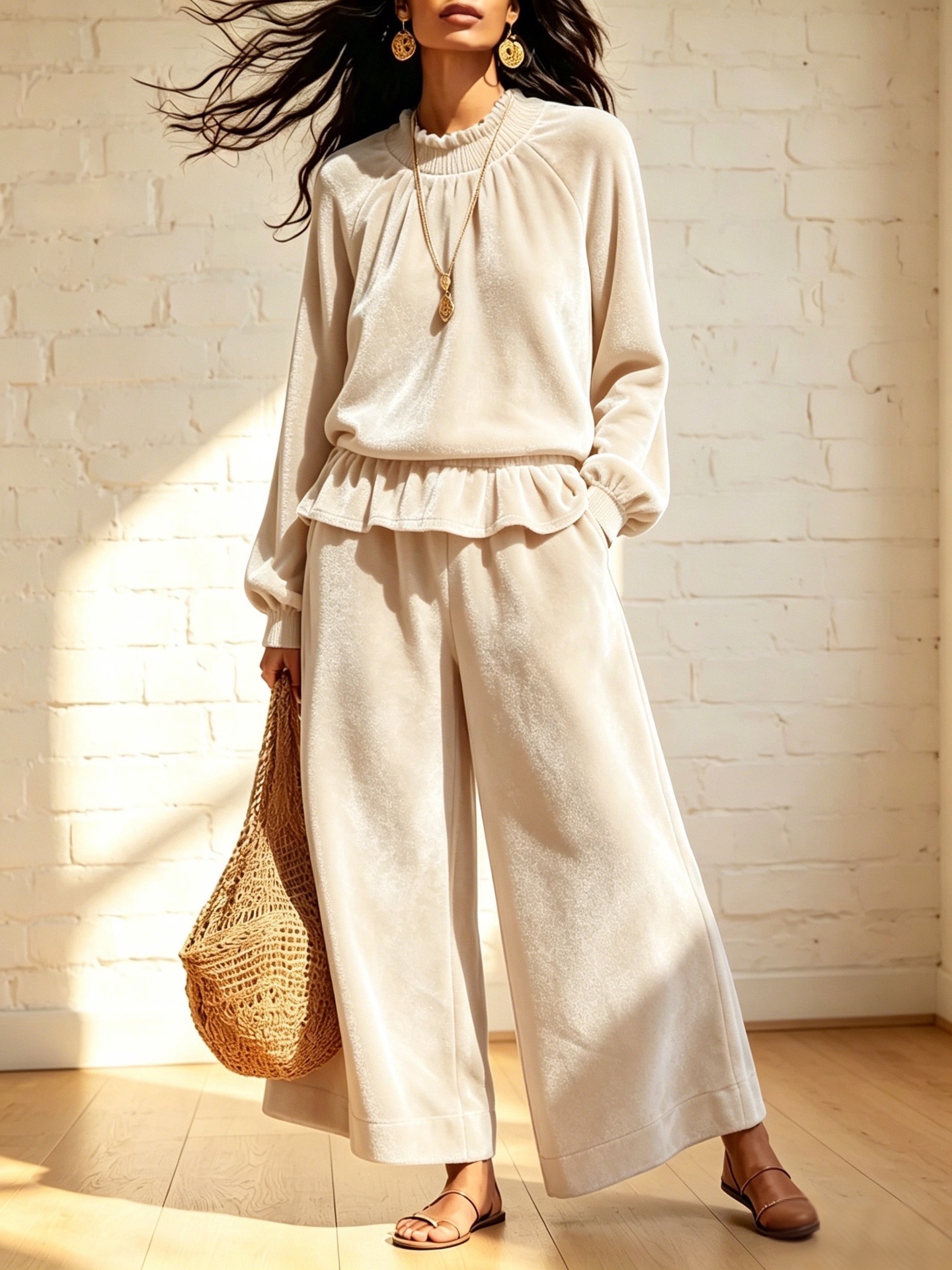 Women’s Velvet 2 Piece Outfit, Ruffle Hem Raglan Top & Wide Leg Pants Loungewear Set