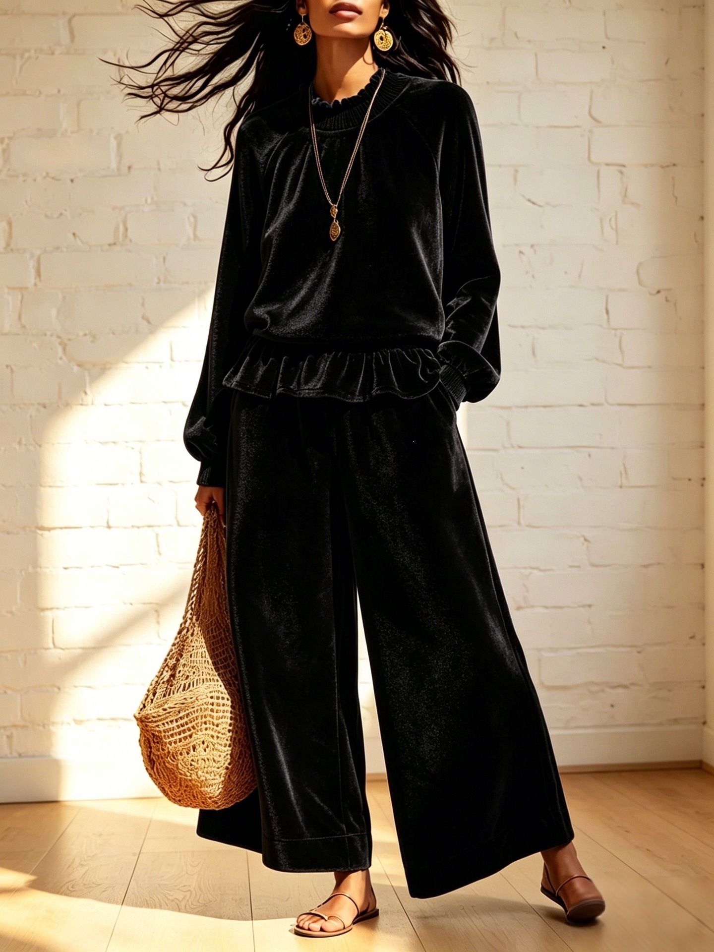 Women’s Velvet 2 Piece Outfit, Ruffle Hem Raglan Top & Wide Leg Pants Loungewear Set