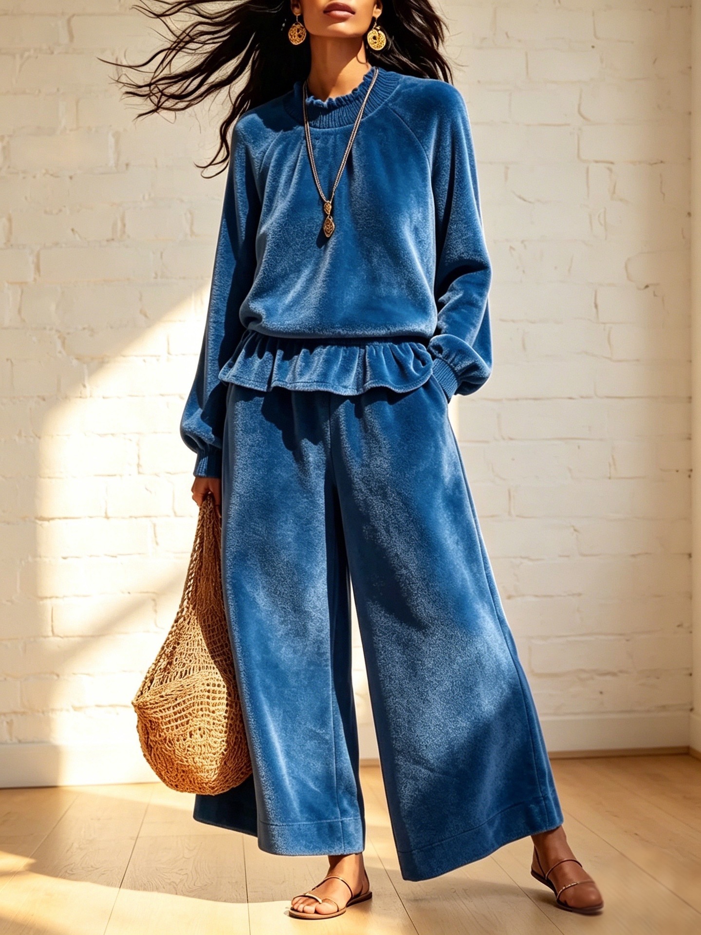 Women’s Velvet 2 Piece Outfit, Ruffle Hem Raglan Top & Wide Leg Pants Loungewear Set