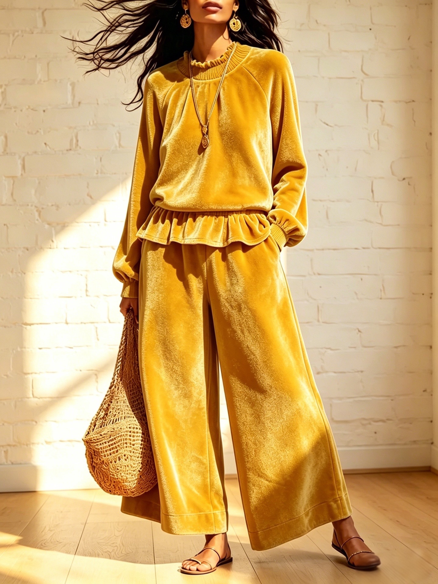 Women’s Velvet 2 Piece Outfit, Ruffle Hem Raglan Top & Wide Leg Pants Loungewear Set