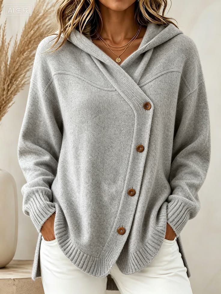 🧥 Women’s Hooded Asymmetric Button Cardigan Loose Knit Sweater Coat
