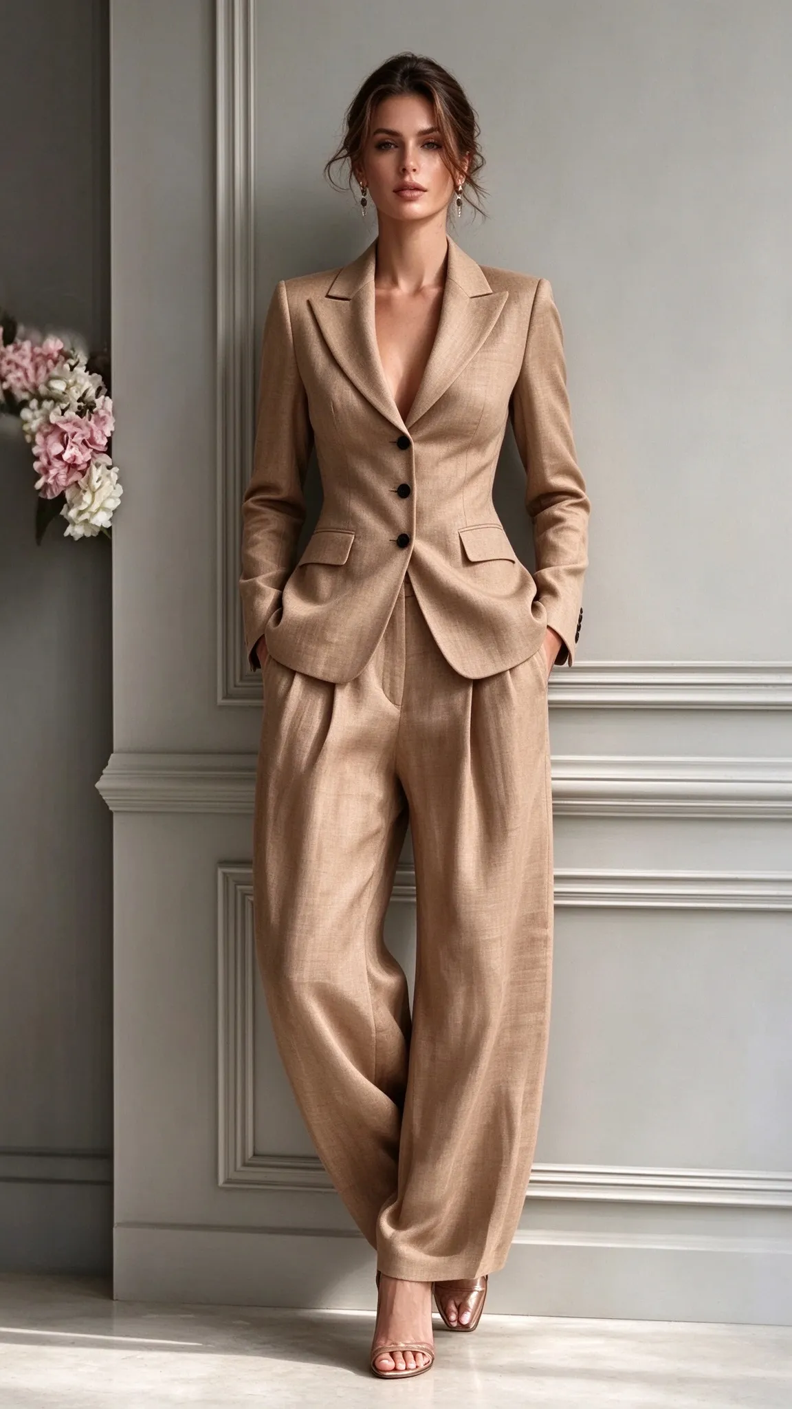 Women's Elegant Tailored Blazer & Wide-Leg Pants 2-Piece Set