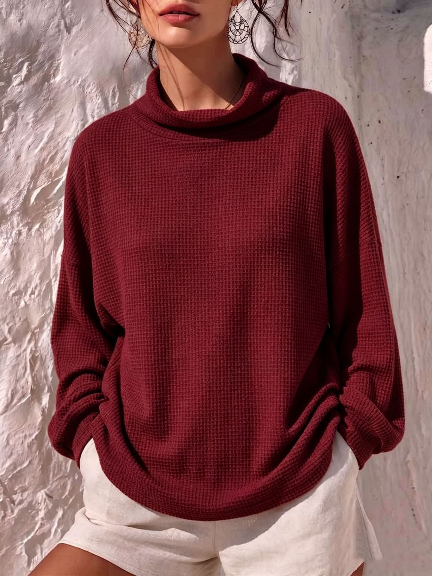 Women’s Waffle Knit Turtleneck Long Sleeve Loose Pullover Top