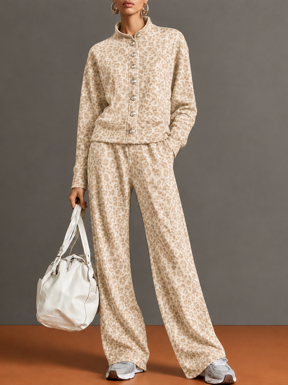 Women’s Leopard Print Stand Collar Sweatshirt & Straight Leg Pants Set