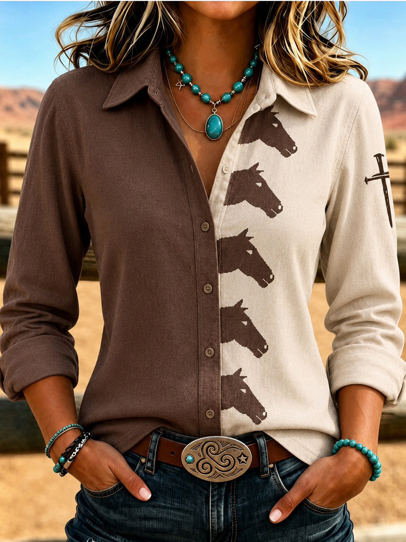 Women’s Two-Tone Western Shirt, Color Block Horse Print Button Down Top