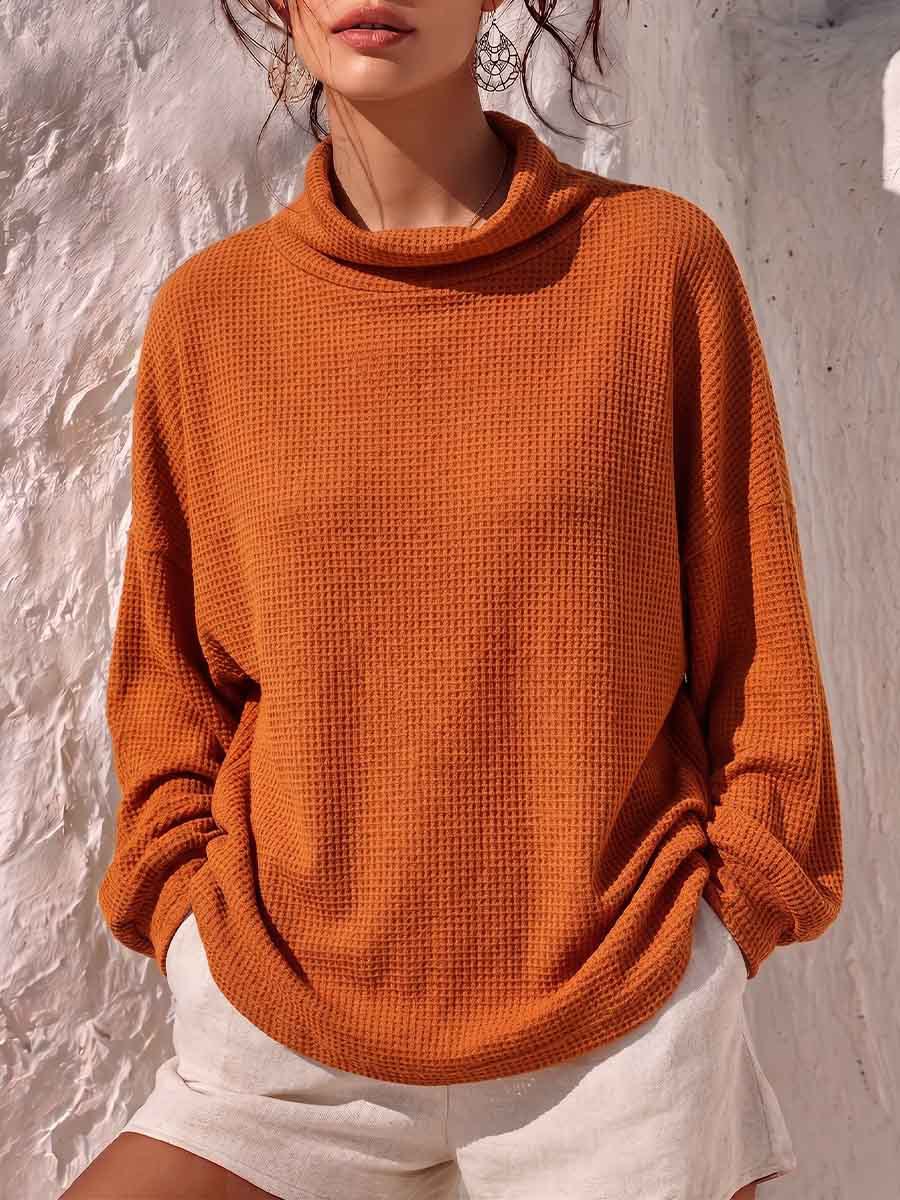 Women’s Waffle Knit Turtleneck Long Sleeve Loose Pullover Top