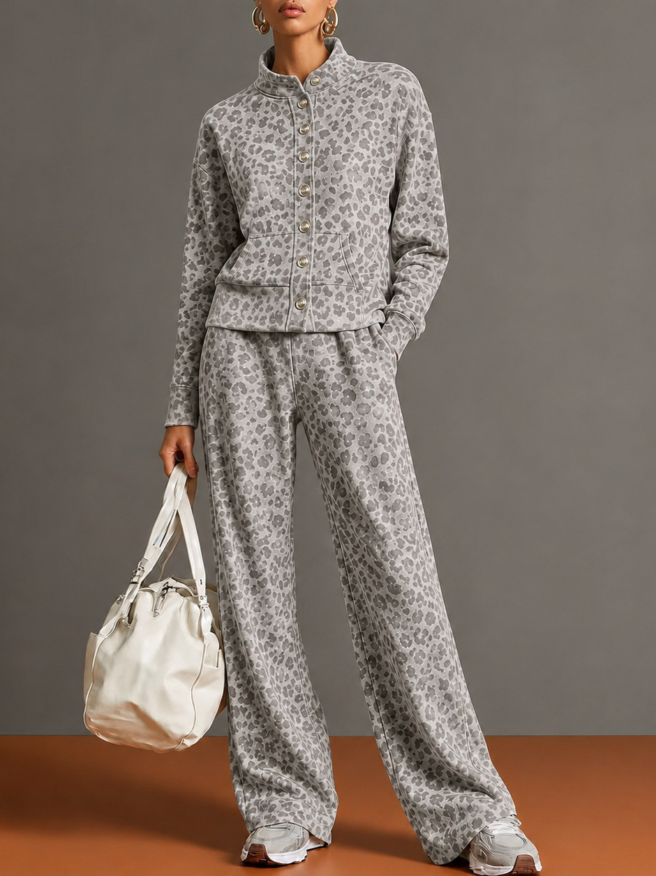 Women’s Leopard Print Stand Collar Sweatshirt & Straight Leg Pants Set