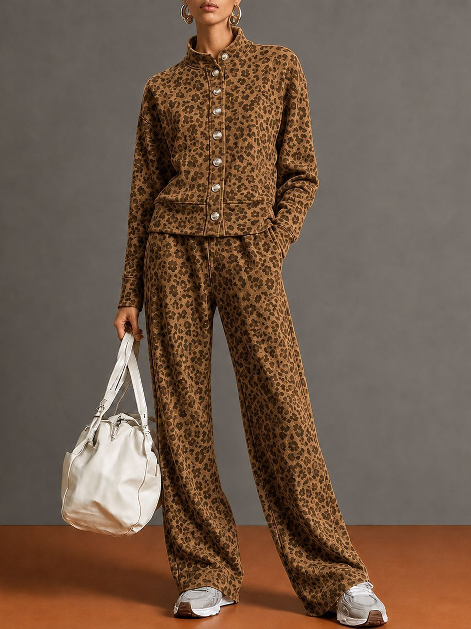 Women’s Leopard Print Stand Collar Sweatshirt & Straight Leg Pants Set