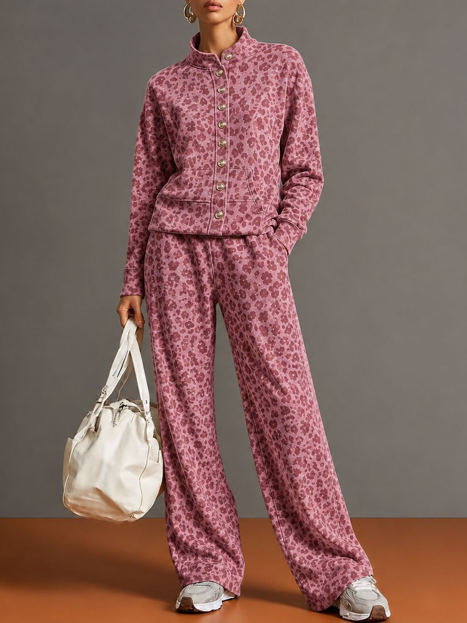 Women’s Leopard Print Stand Collar Sweatshirt & Straight Leg Pants Set