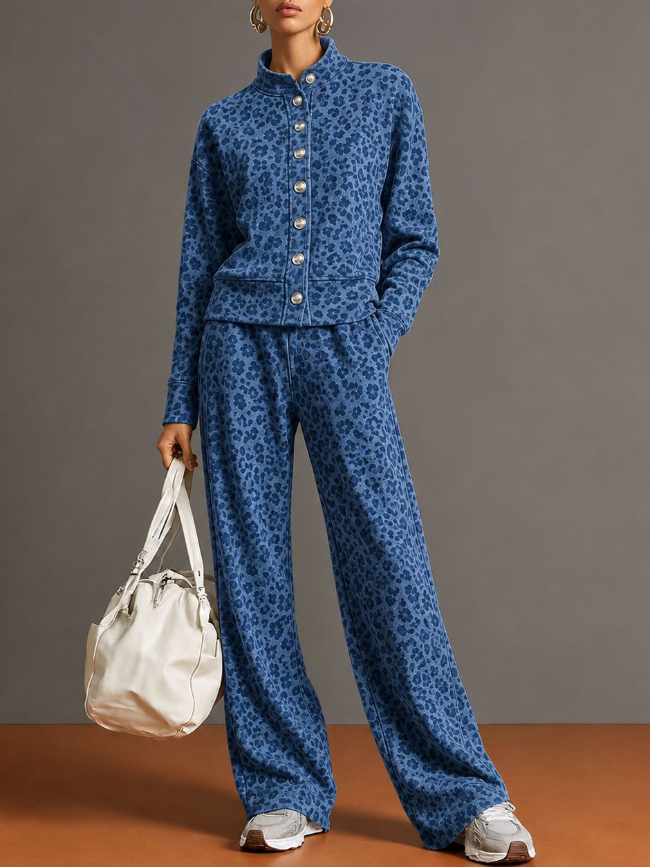 Women’s Leopard Print Stand Collar Sweatshirt & Straight Leg Pants Set