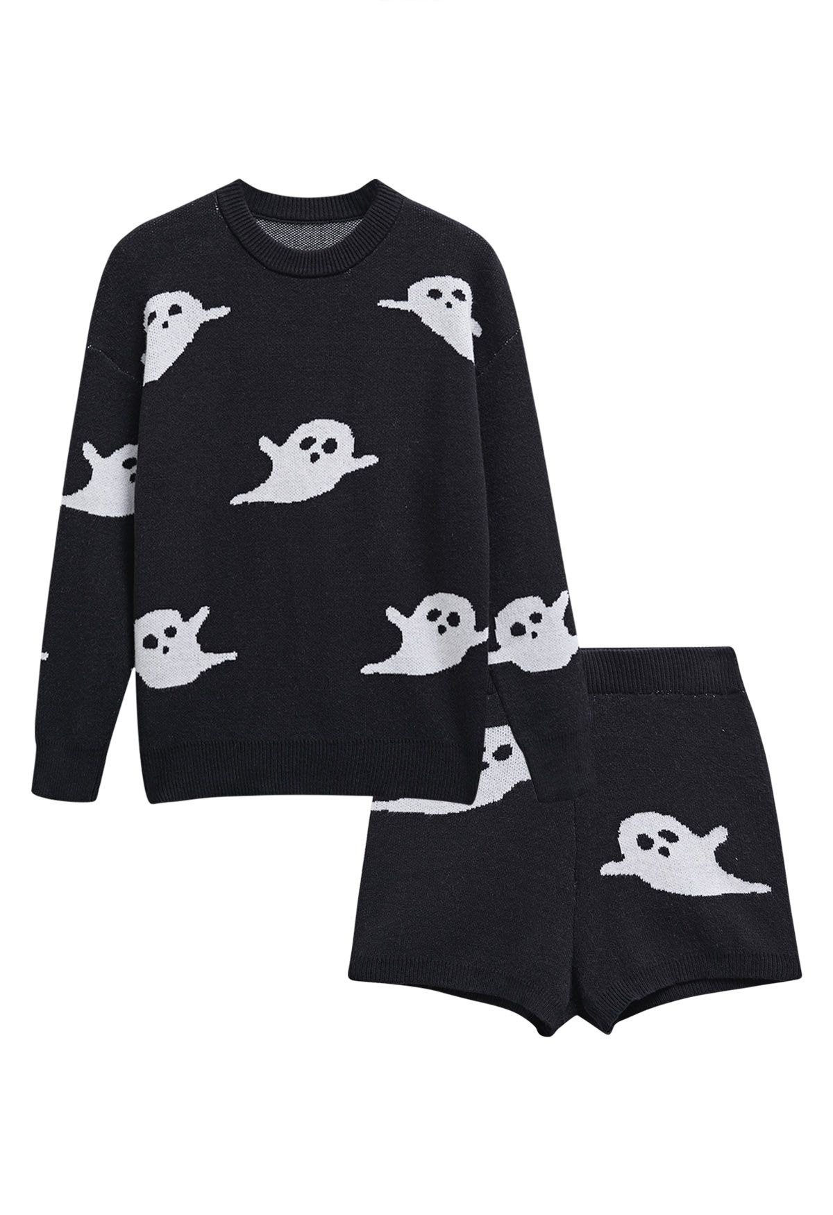 Women’s Halloween Ghost Print Knit Set Long Sleeve Sweater & Shorts Outfit