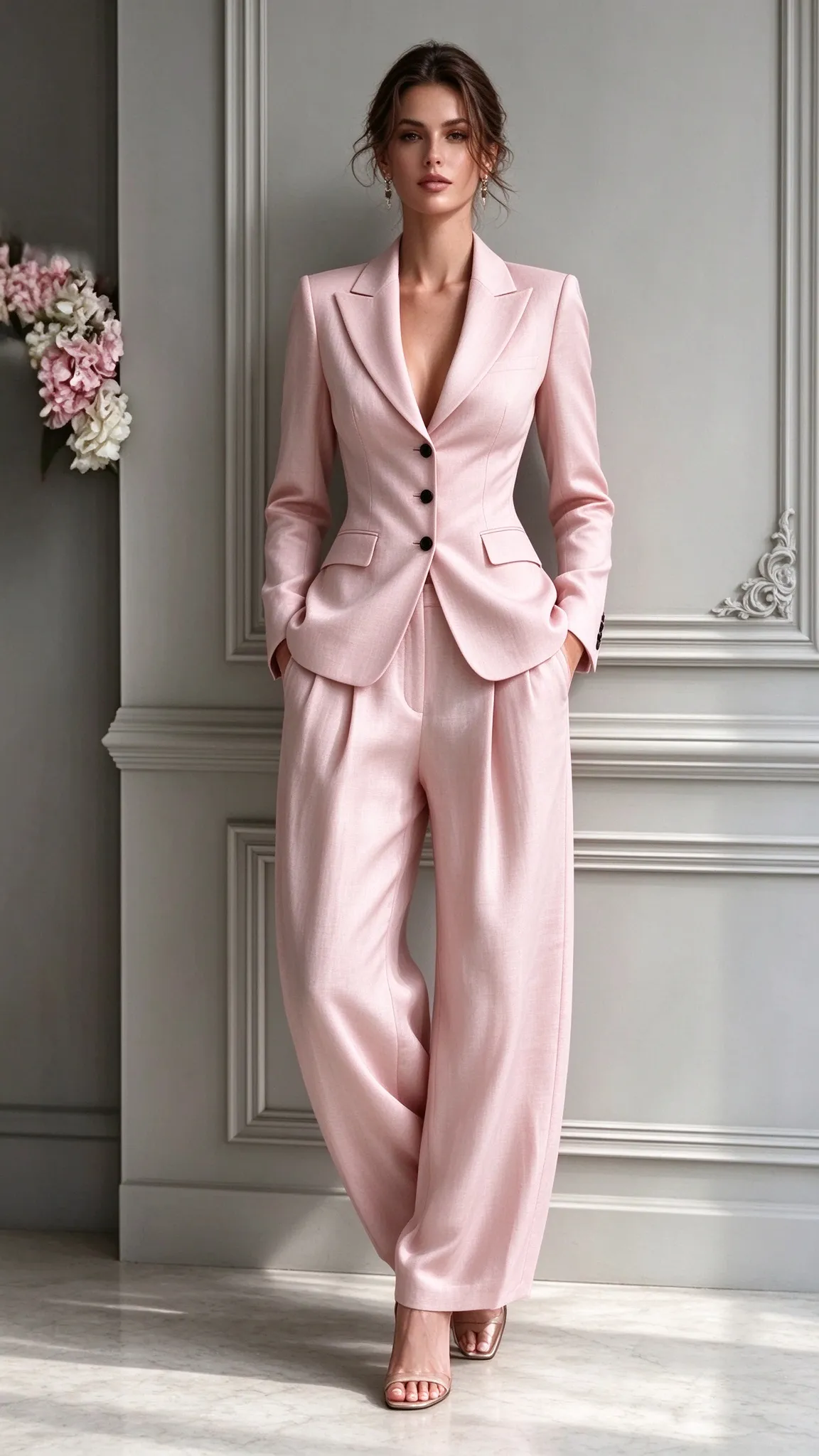 Women's Elegant Tailored Blazer & Wide-Leg Pants 2-Piece Set