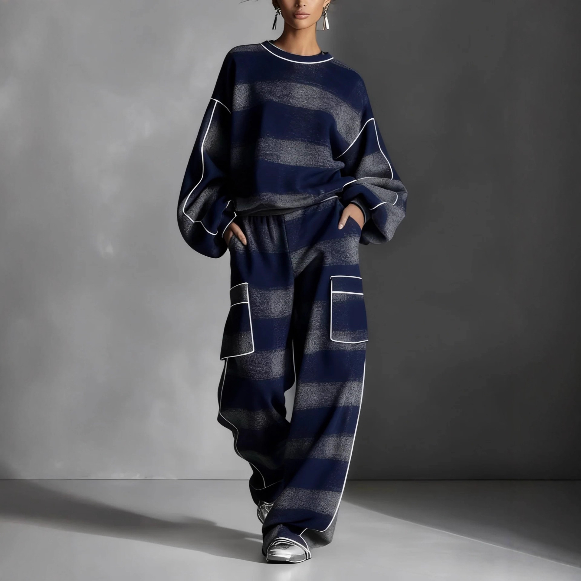 Women’s Gradient Plaid 2-Piece Set Oversized Long Sleeve Top & Wide Leg Cargo Pants