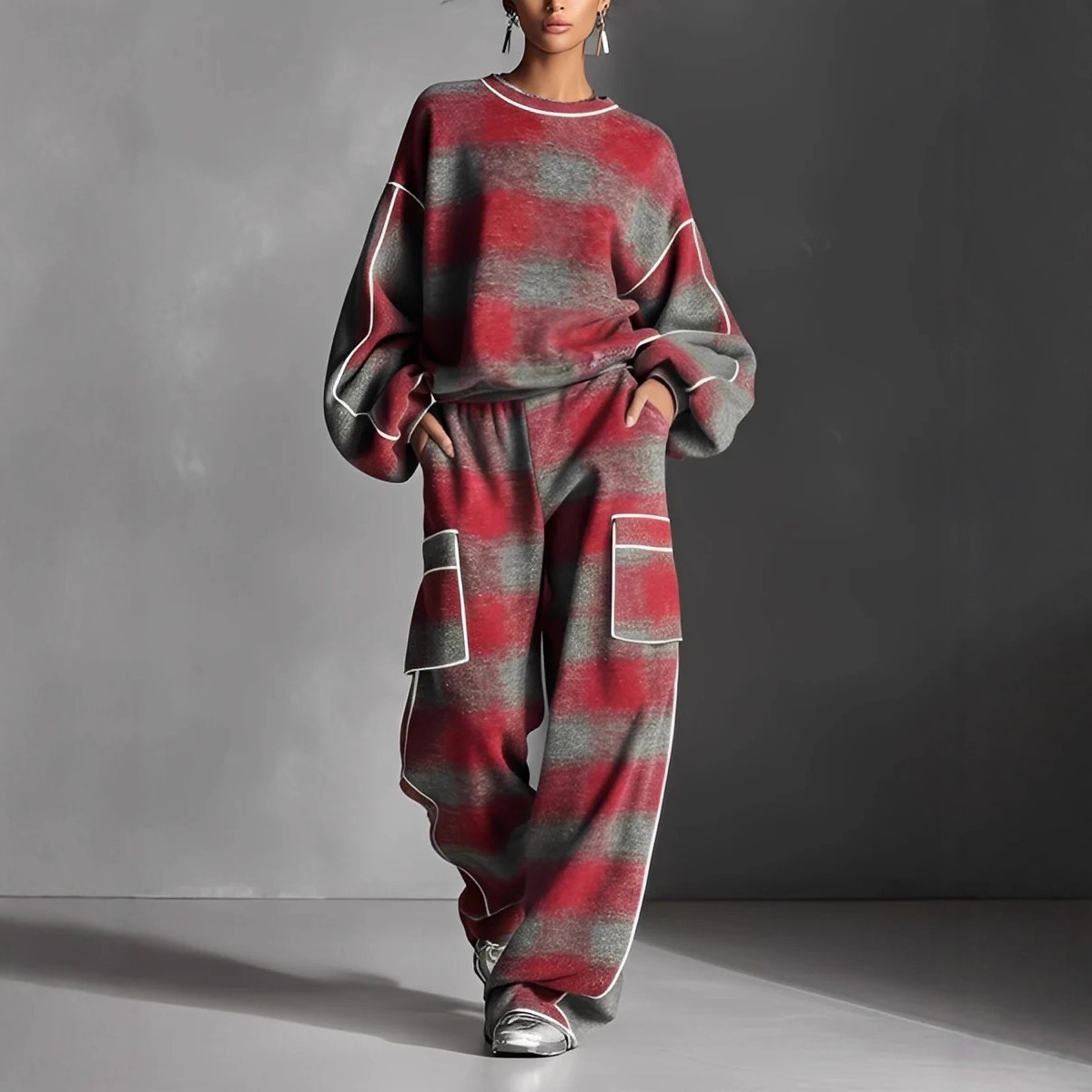 Women’s Gradient Plaid 2-Piece Set Oversized Long Sleeve Top & Wide Leg Cargo Pants