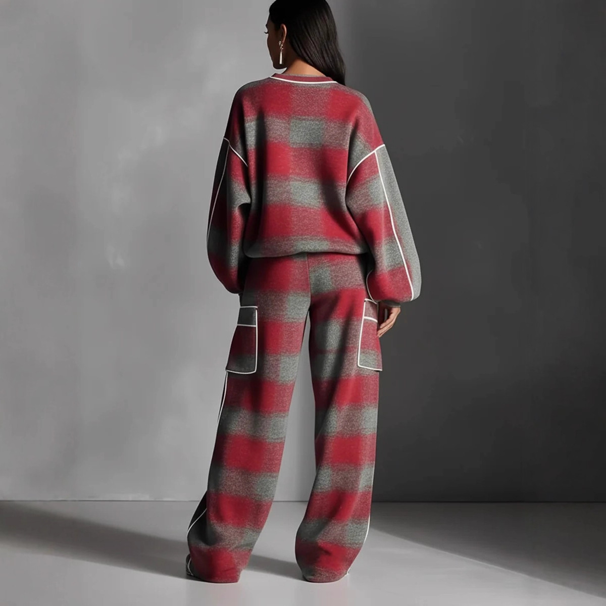 Women’s Gradient Plaid 2-Piece Set Oversized Long Sleeve Top & Wide Leg Cargo Pants