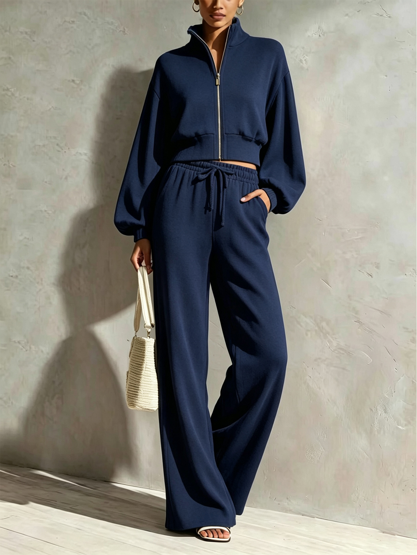 🤍 Women’s Stand Collar Casual Set Zip-Up Jacket & Wide Leg Pants Two-Piece Outfit