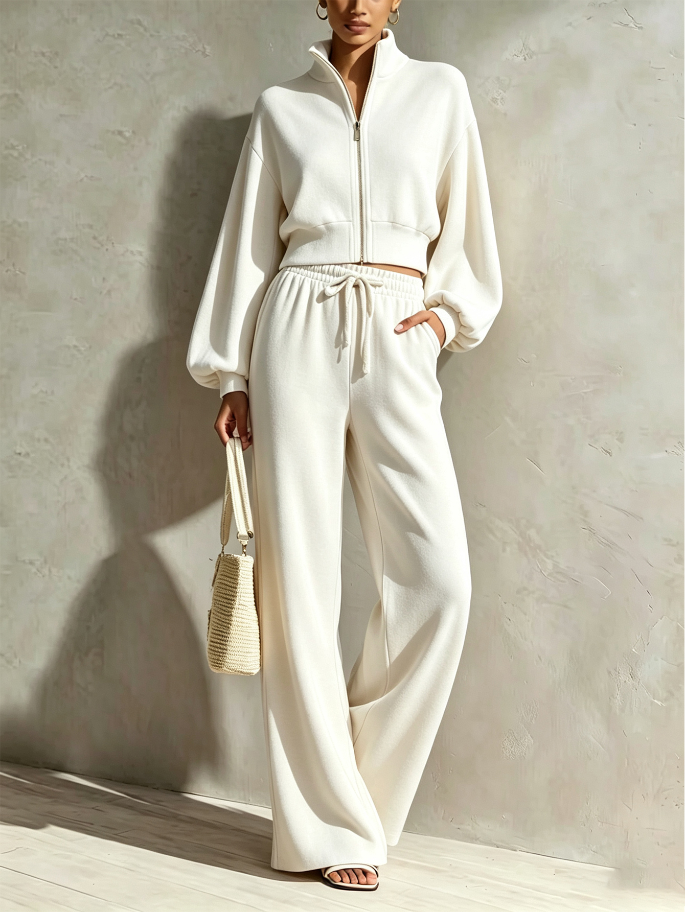 🤍 Women’s Stand Collar Casual Set Zip-Up Jacket & Wide Leg Pants Two-Piece Outfit