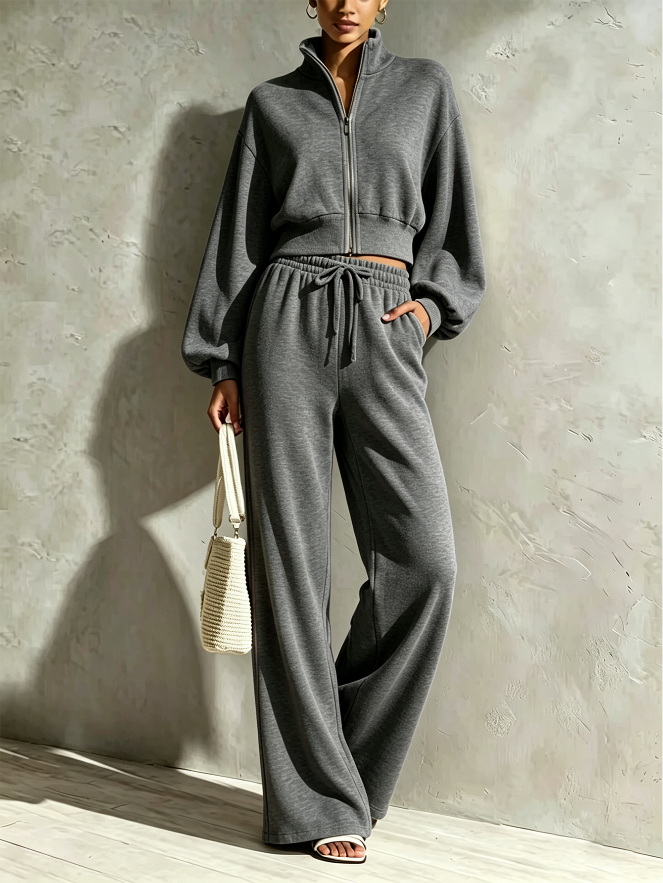🤍 Women’s Stand Collar Casual Set Zip-Up Jacket & Wide Leg Pants Two-Piece Outfit