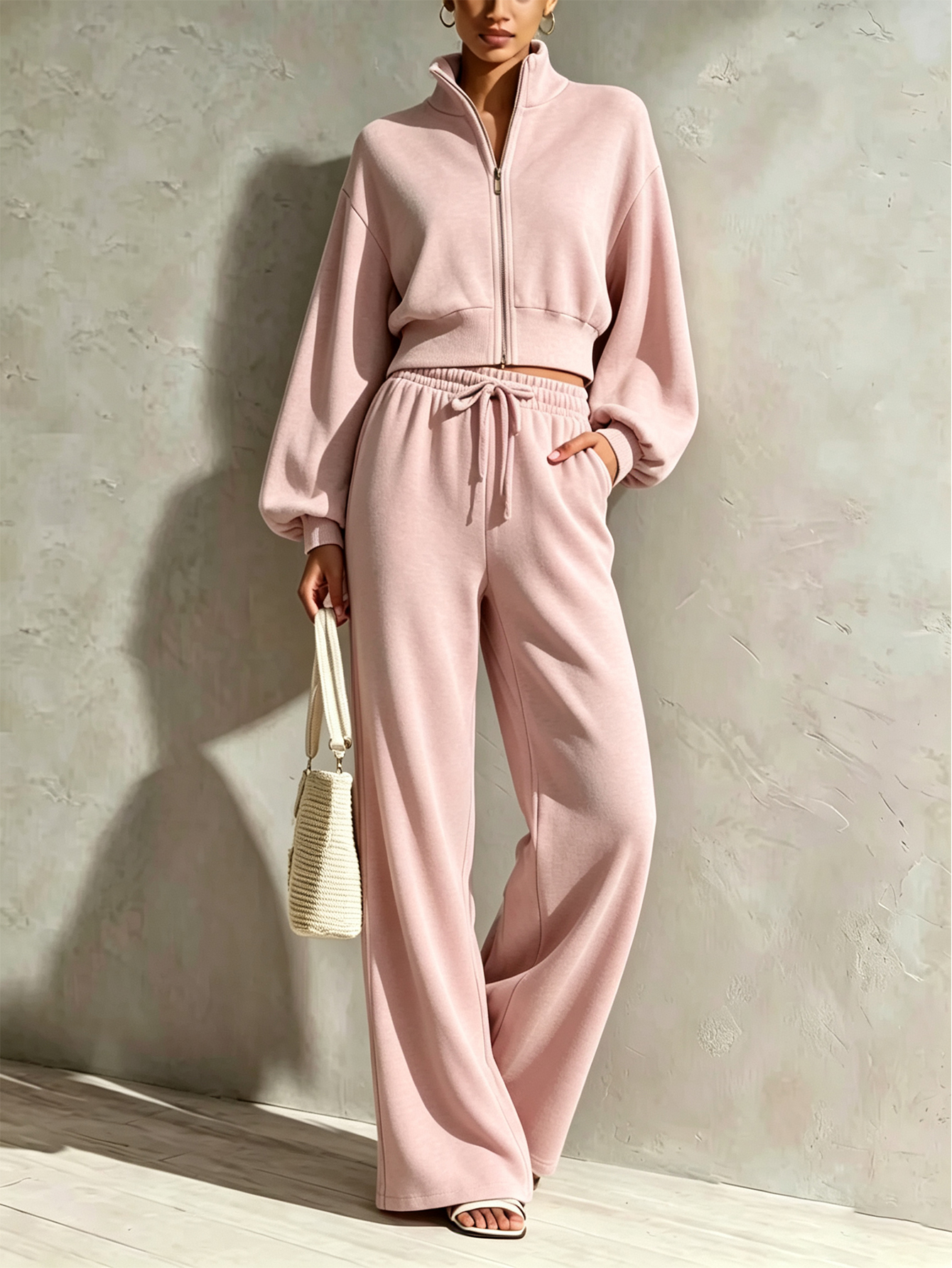 🤍 Women’s Stand Collar Casual Set Zip-Up Jacket & Wide Leg Pants Two-Piece Outfit