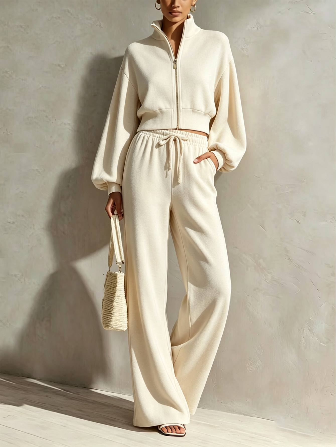 🤍 Women’s Stand Collar Casual Set Zip-Up Jacket & Wide Leg Pants Two-Piece Outfit