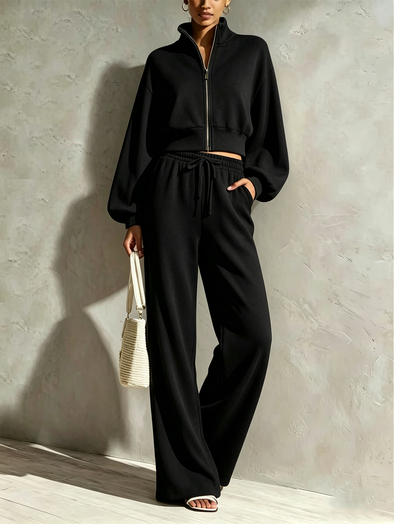 🤍 Women’s Stand Collar Casual Set Zip-Up Jacket & Wide Leg Pants Two-Piece Outfit