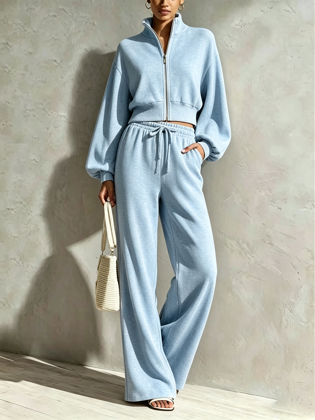 🤍 Women’s Stand Collar Casual Set Zip-Up Jacket & Wide Leg Pants Two-Piece Outfit