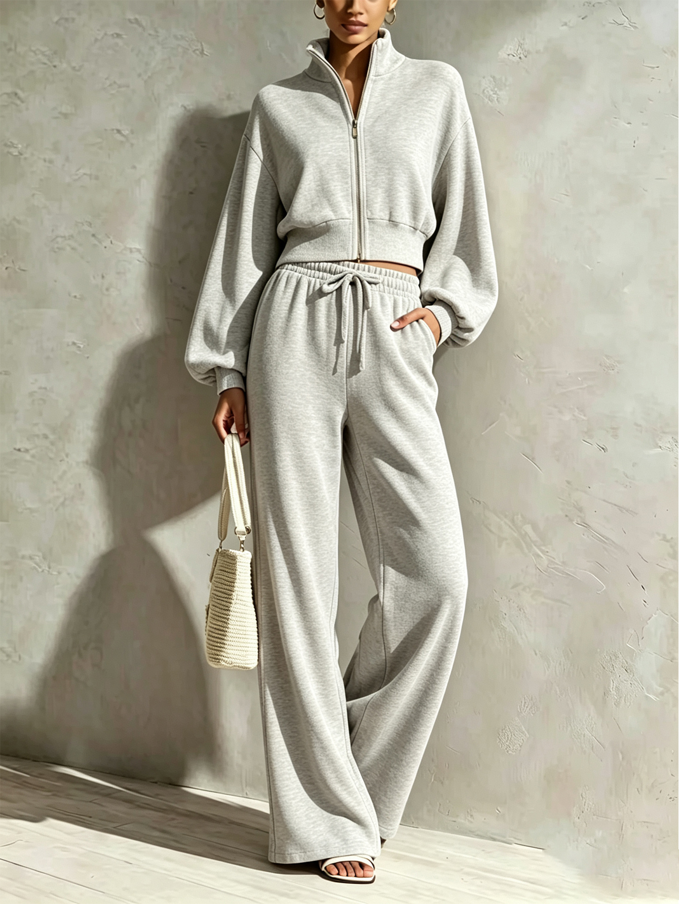 🤍 Women’s Stand Collar Casual Set Zip-Up Jacket & Wide Leg Pants Two-Piece Outfit