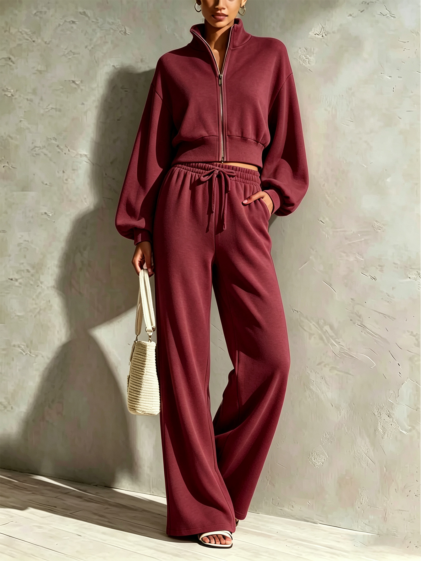 🤍 Women’s Stand Collar Casual Set Zip-Up Jacket & Wide Leg Pants Two-Piece Outfit