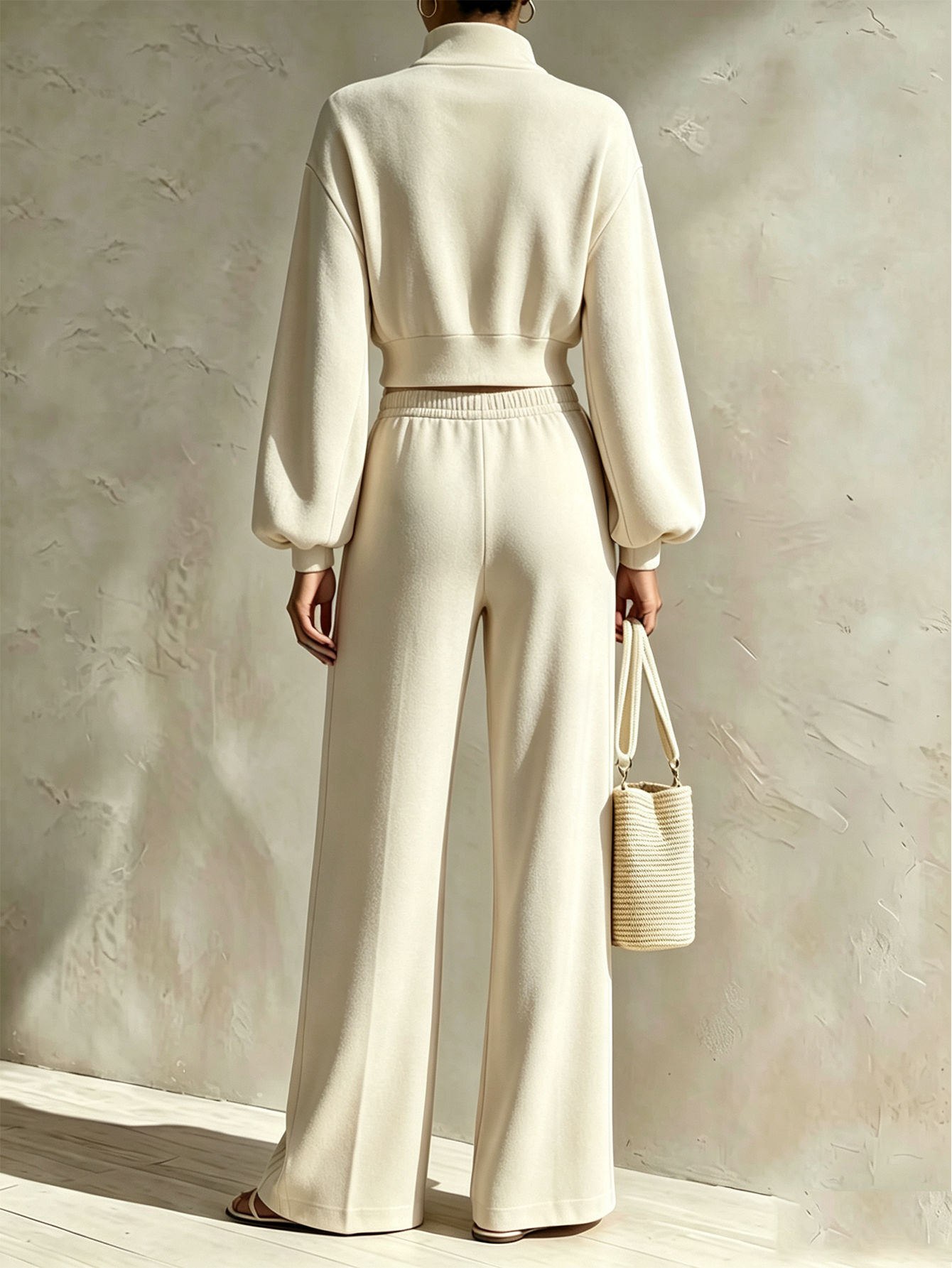 🤍 Women’s Stand Collar Casual Set Zip-Up Jacket & Wide Leg Pants Two-Piece Outfit