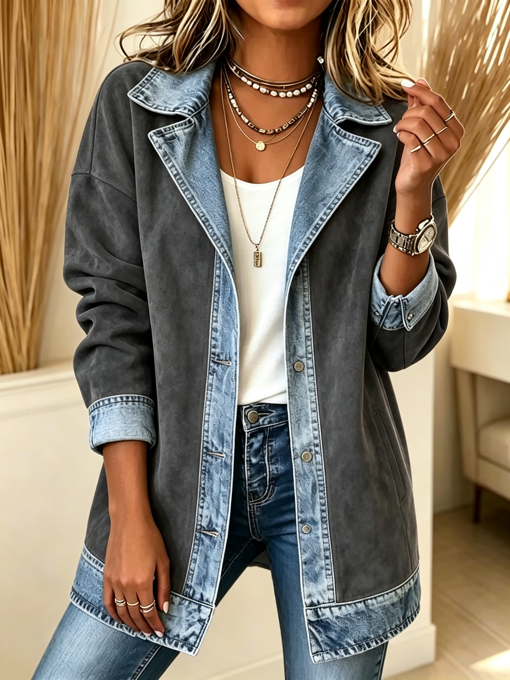 Faux Suede Denim Patchwork Lapel Jacket