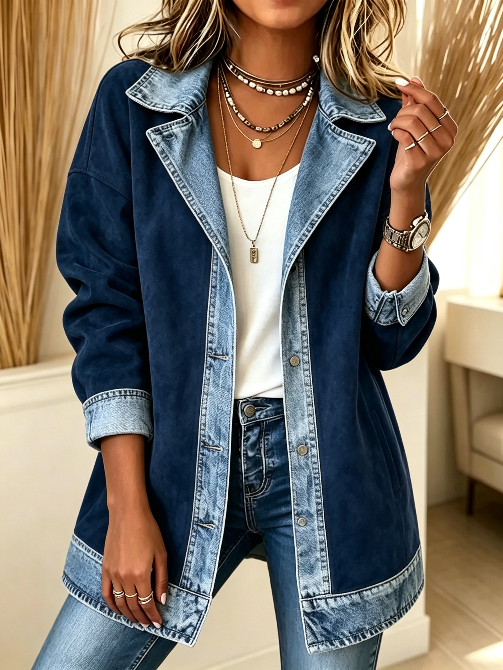 Faux Suede Denim Patchwork Lapel Jacket