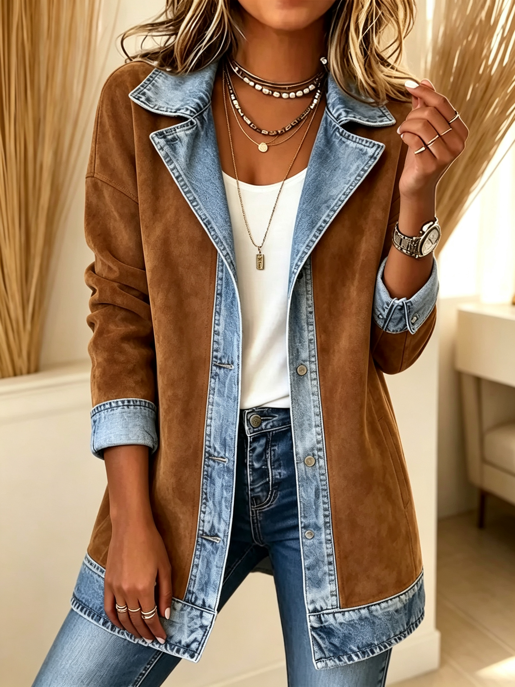 Faux Suede Denim Patchwork Lapel Jacket