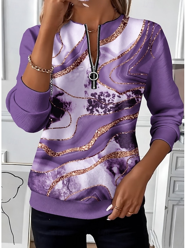 🤍[Buy 2 Free Shipping] Women’s Casual Round Neck Top Contrast Zip Print Long Sleeve Blouse